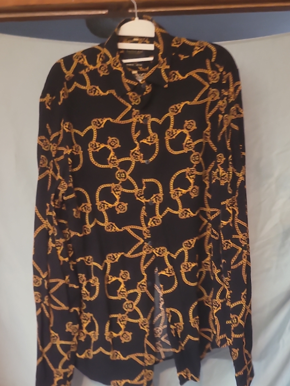 Men's Black Dress Shirt with Gold Chain Print